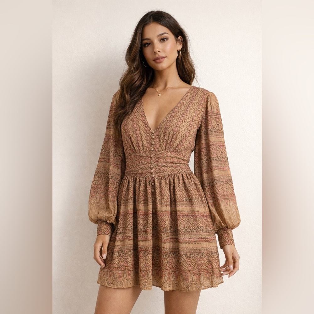 House of Harlow 1960 x‎ Shona Joy Brown Smocked Mini Dress Sz. L